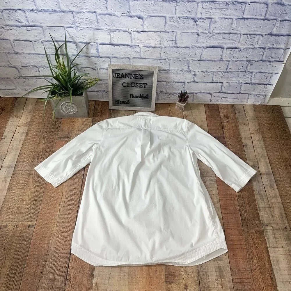 Lafayette 148 white button down shirt pockets 3/4 sleeve roll tab - Picture 12 of 13